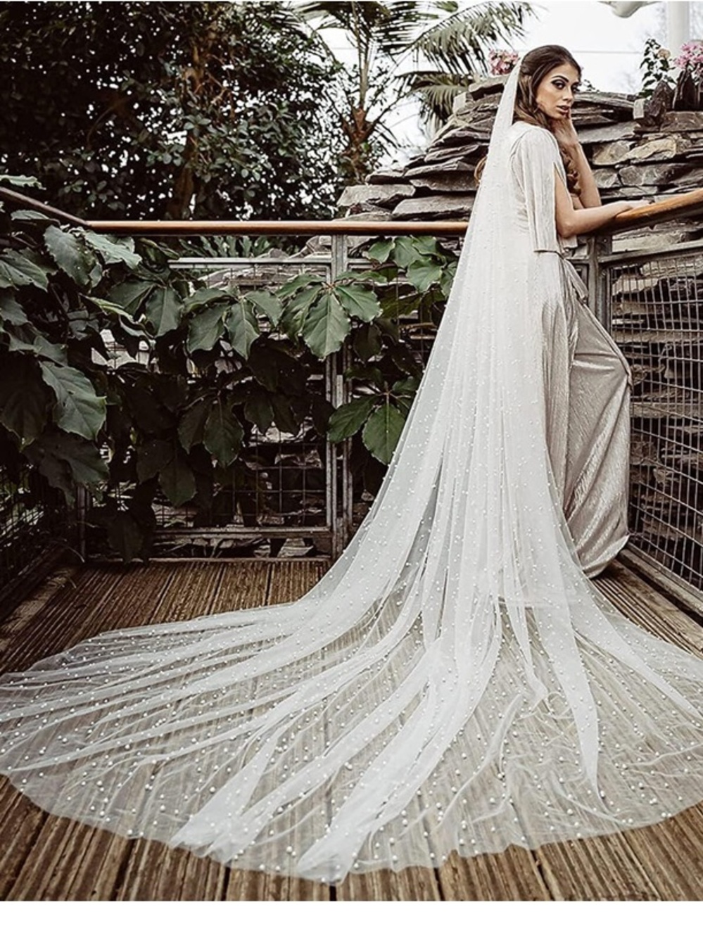 Long Cathedral Length Pearl Wedding Bridal Veil white
